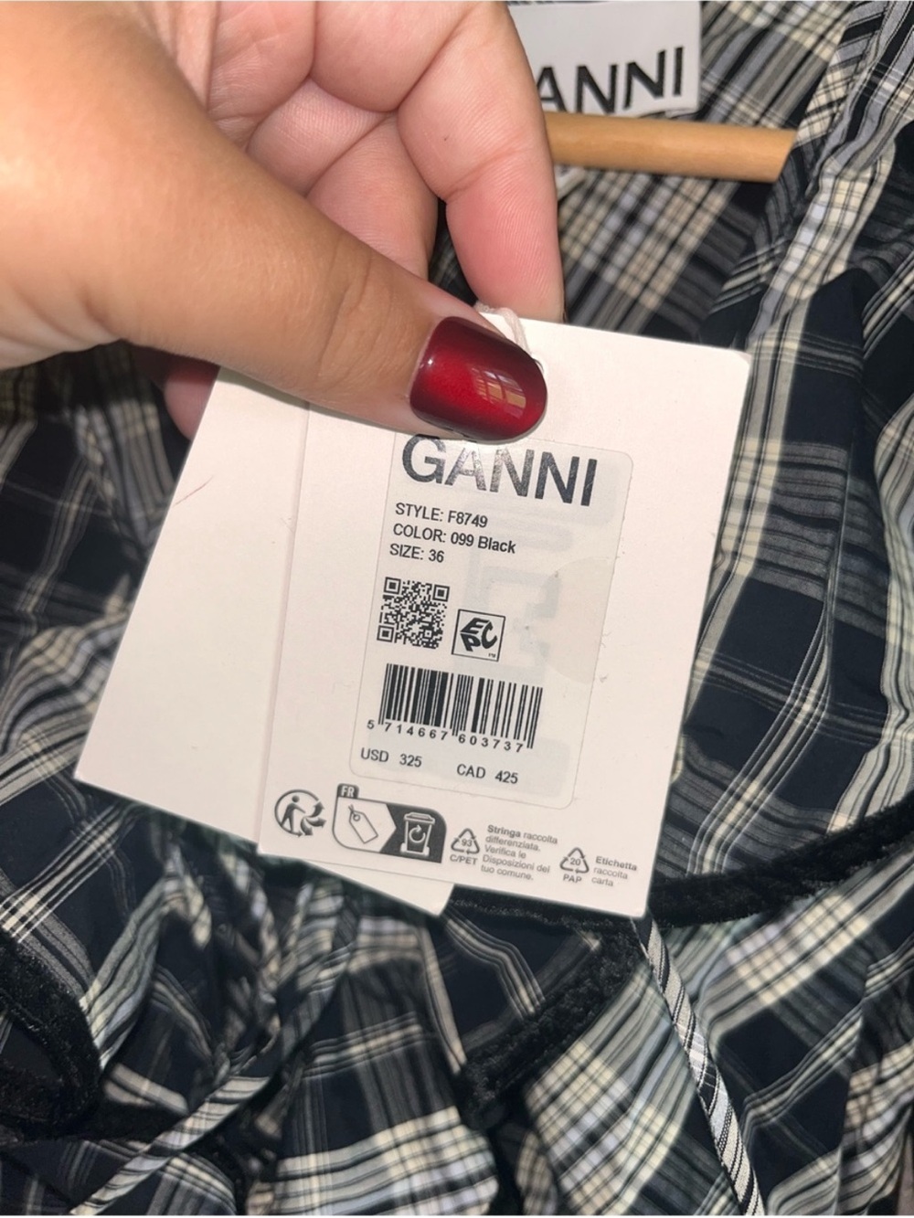 NWT GANNI Black Plaid Ruffle Lace Up Mini Dress Organic Cotton US4 DE36 - Picture 7 of 8